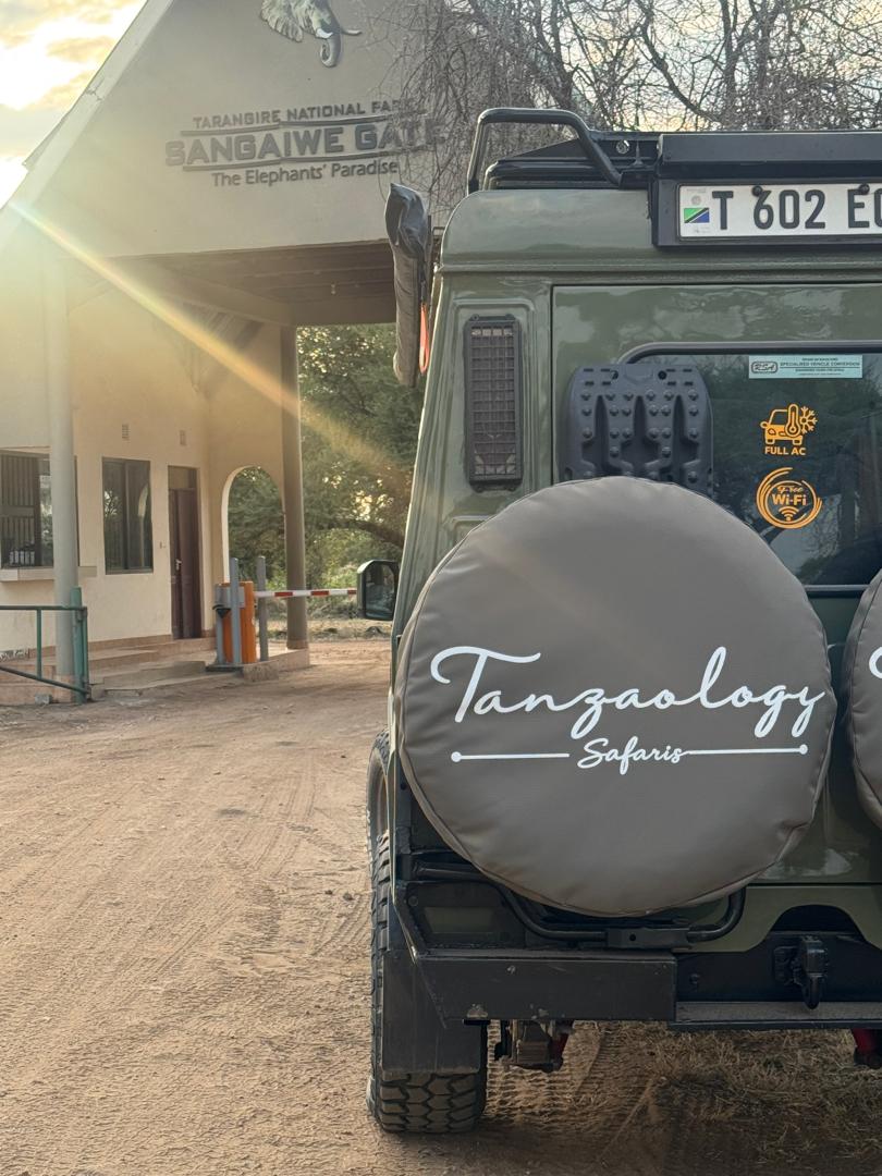 A Tanzaology-branded spare wheel cover on a safari Land Cruiser